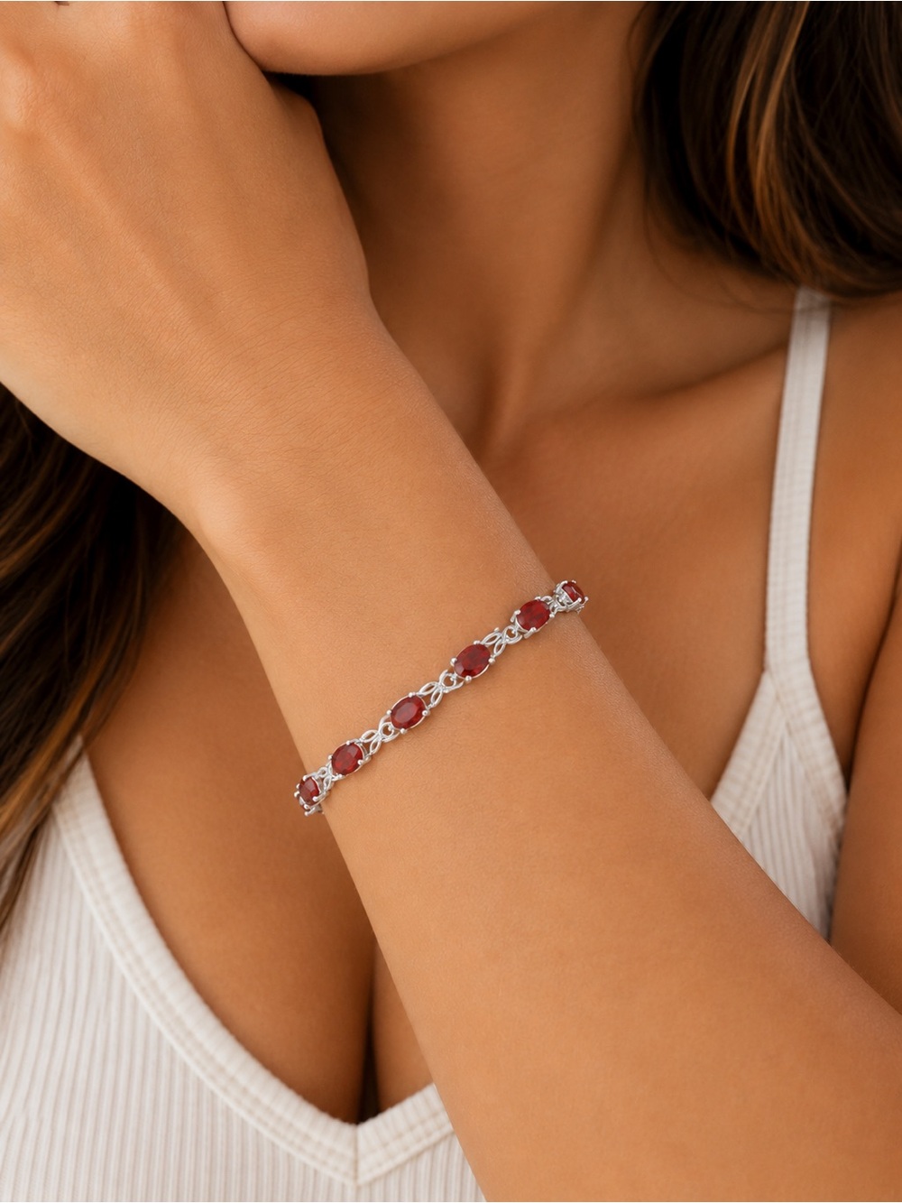 Elegant Red Gemstone Silver Bracelet 925
